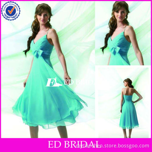 A Line V Neck Spaghetti Straps Ruched Bust Bow Tea Length Mother of the Bride Dresses Plus Size